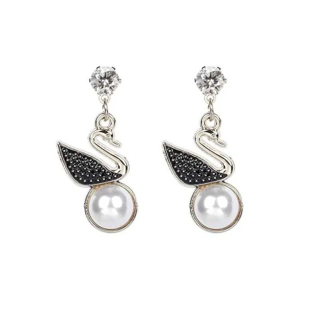 Swan Drop Earrings OS Silver White Faux Pearl CZ Pave Dangle Chic Minimal Daily
